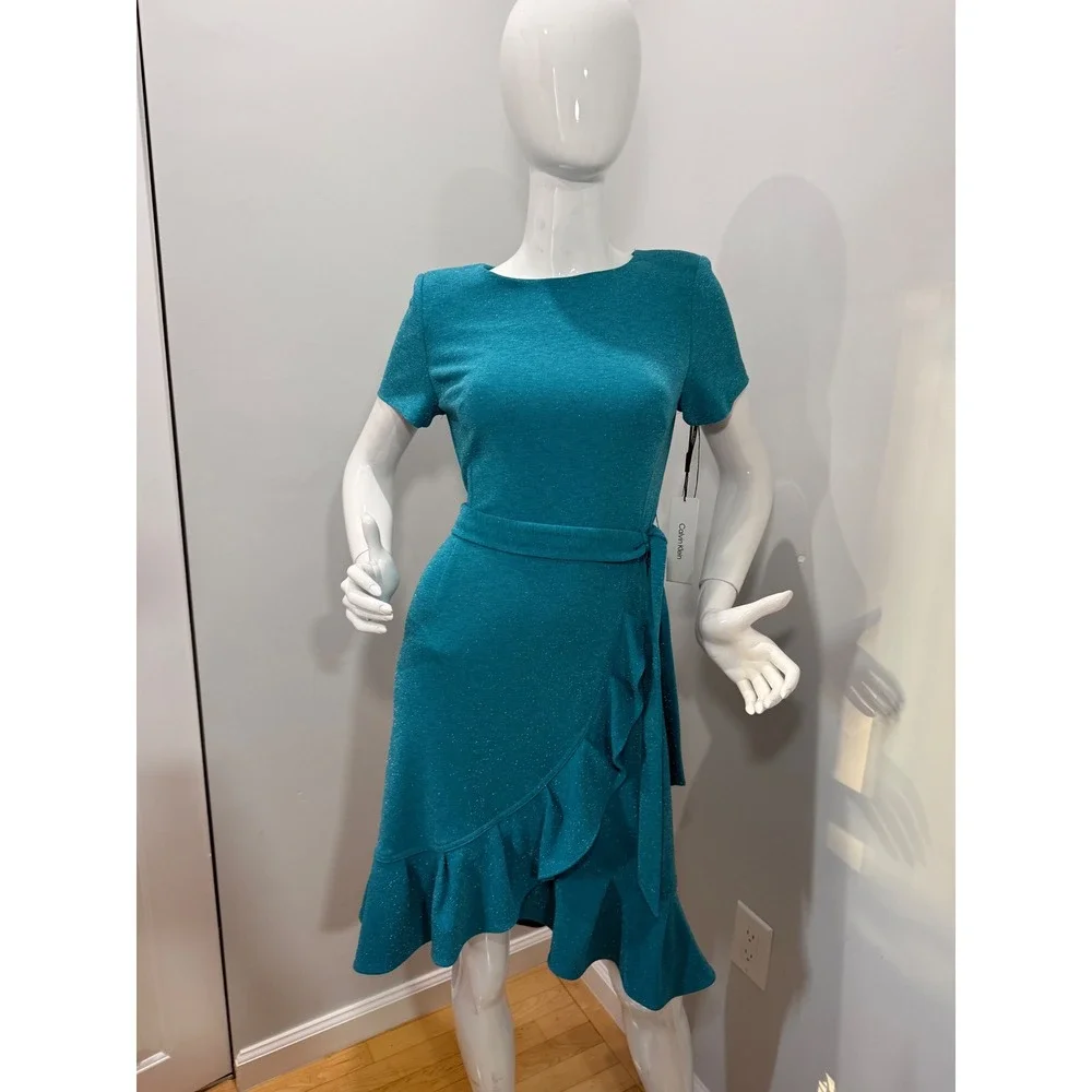 Calvin Klein Teal Shimmer Faux Wrap Ruffle‎ Cocktail Dress Size 6